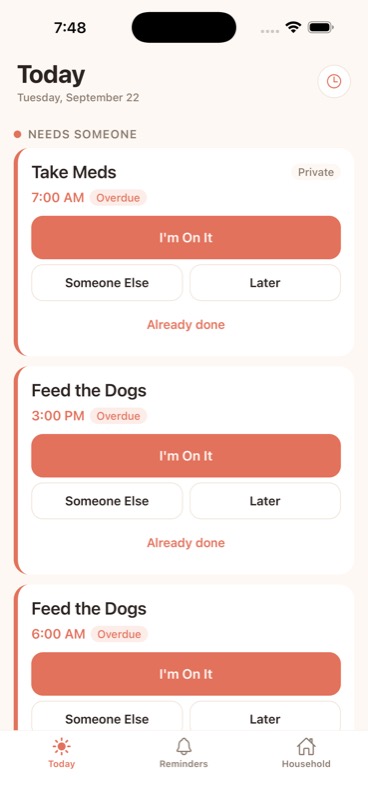 Someone Did It’s Today screen, with reminders to feed the dogs and buttons to claim or complete each task.